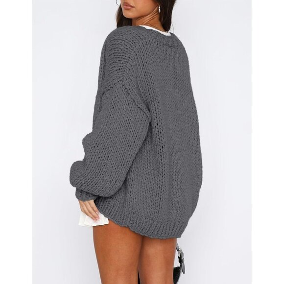Womens Trendy Cardigan Sweaters Dark Grey Long Sleeve Chunky Knit Outfits - Picture 2 of 8